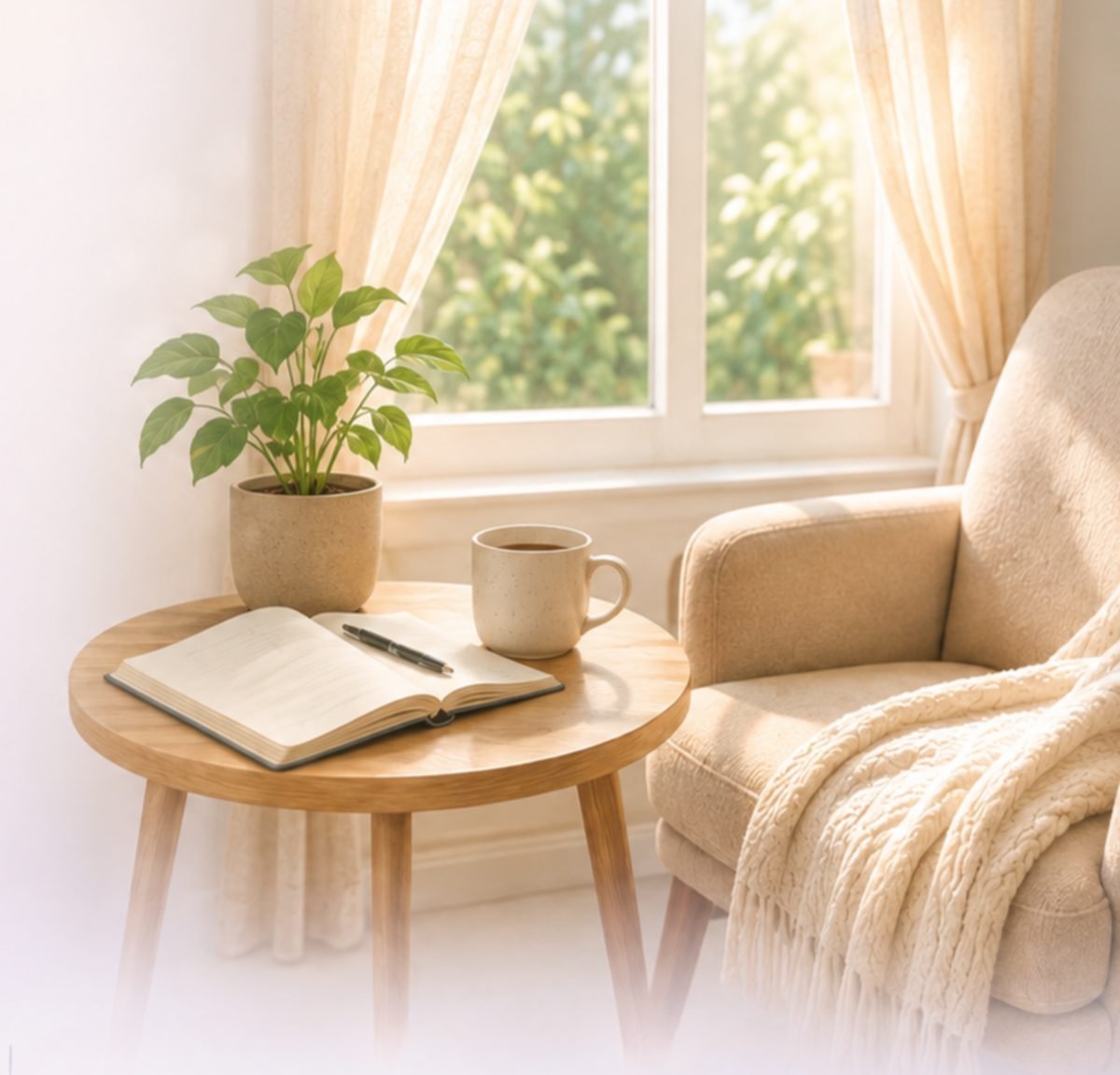 A peaceful room with an open window, chair, notebook, warm drink and plant